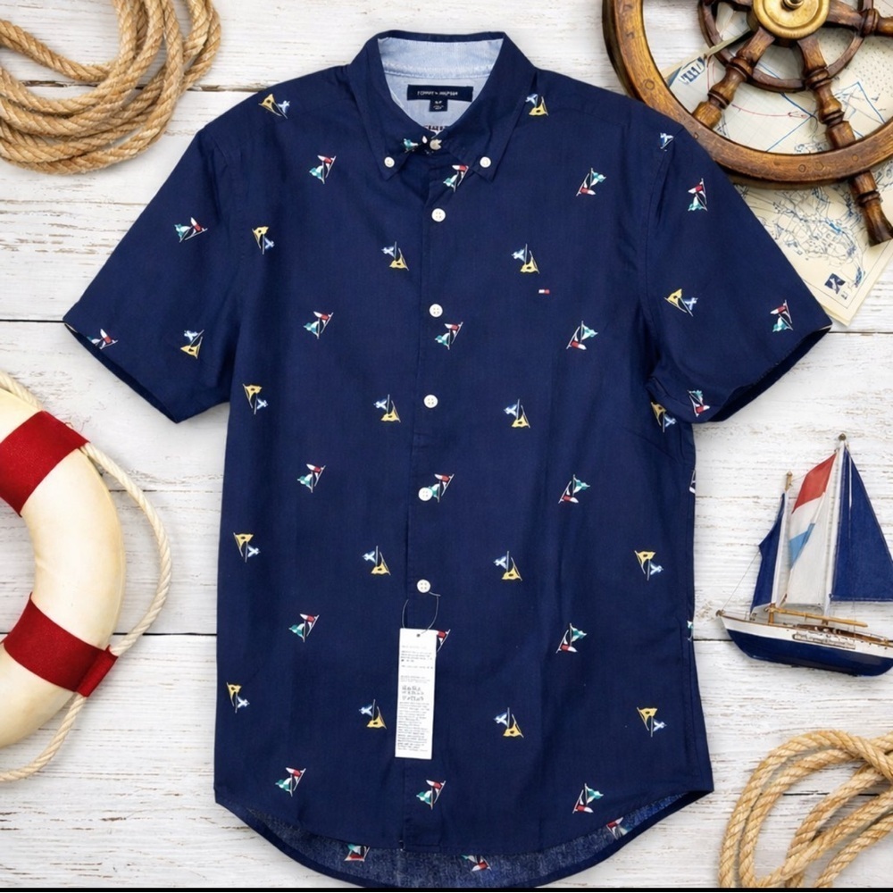 Tommy Hilfiger Men's Navy Nautical Flag Short Sleeve Button Down Casual Shirt S